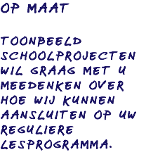 OP MAAT TOONBEELD SCHOOLPROJECTEN WIL GRAAG MET U MEEDENKEN OVER HOE WIJ KUNNEN AANSLUITEN OP UW REGULIERE LESPROGRAMMA.